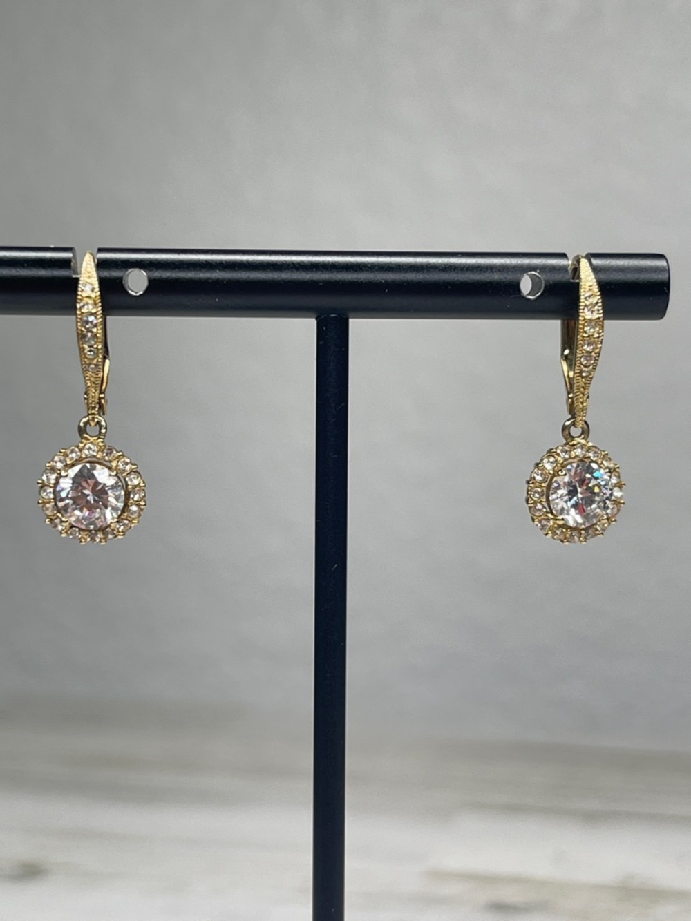Nadri Framed Round CZ Halo Drop Earrings Gold Leverback